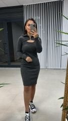 Tasarım Fermuarlı Çelik Anrasit Elbise