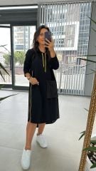 Dr Kapüşonlu Sarı Fermuarlı Sweat Elbise