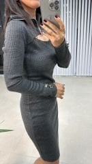 Tasarım Fermuarlı Çelik Anrasit Elbise