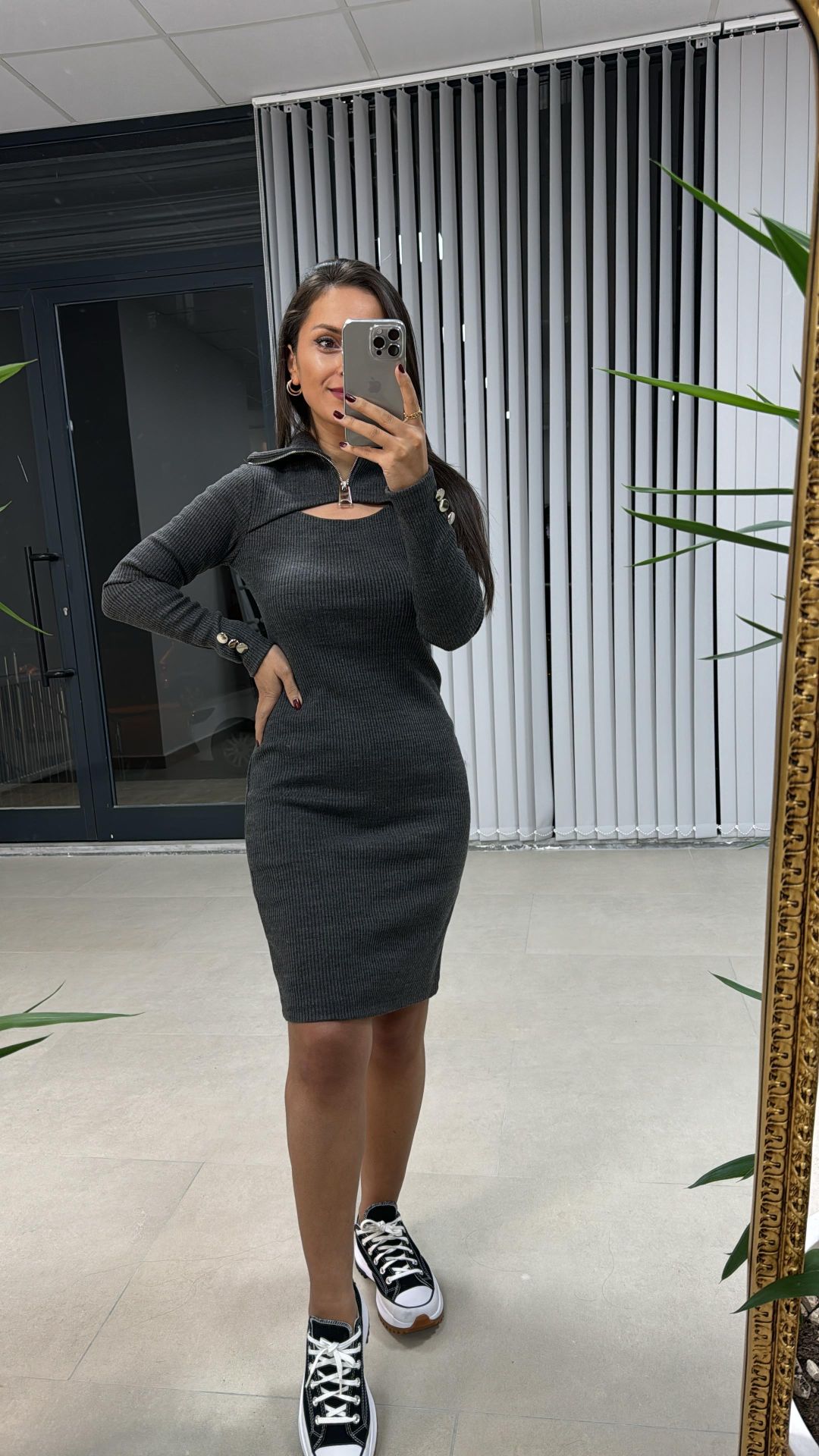 Tasarım Fermuarlı Çelik Anrasit Elbise