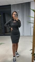 Tasarım Fermuarlı Çelik Anrasit Elbise