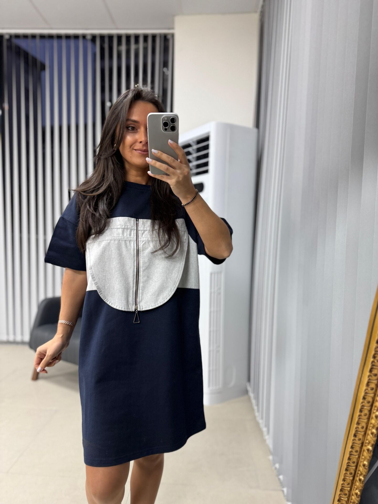 Sg Fermuar Detaylı Gri-Laci Elbise