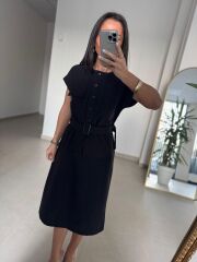 Art 4026 Düğme Detaylı Midi Siyah Elbise