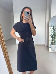 Art 4026 Düğme Detaylı Midi Siyah Elbise