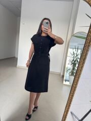 Art 4026 Düğme Detaylı Midi Siyah Elbise