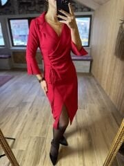Ms Ceket Yaka Yan Drapeli Kırmızı Elbise