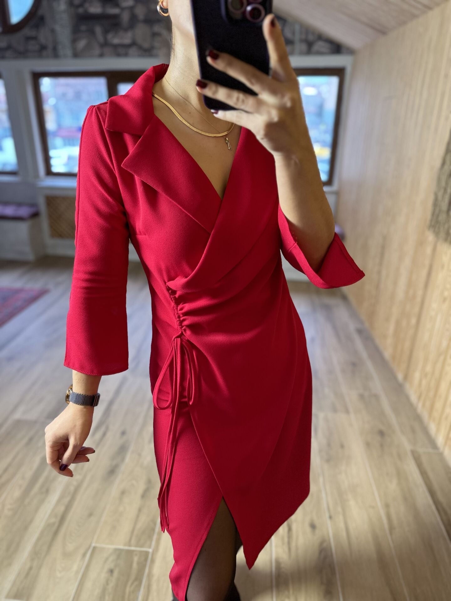 Ms Ceket Yaka Yan Drapeli Kırmızı Elbise