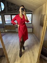 Ms Ceket Yaka Yan Drapeli Kırmızı Elbise