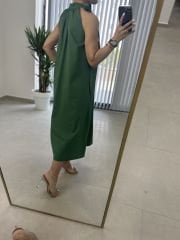 Halter Yaka Yeşil  Bağlamalı Elbise