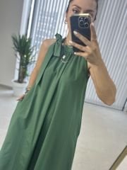 Halter Yaka Yeşil  Bağlamalı Elbise