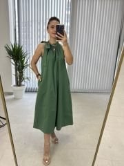 Halter Yaka Yeşil  Bağlamalı Elbise