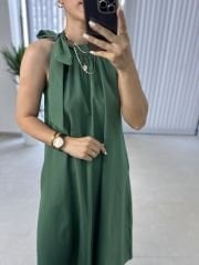 Halter Yaka Yeşil  Bağlamalı Elbise