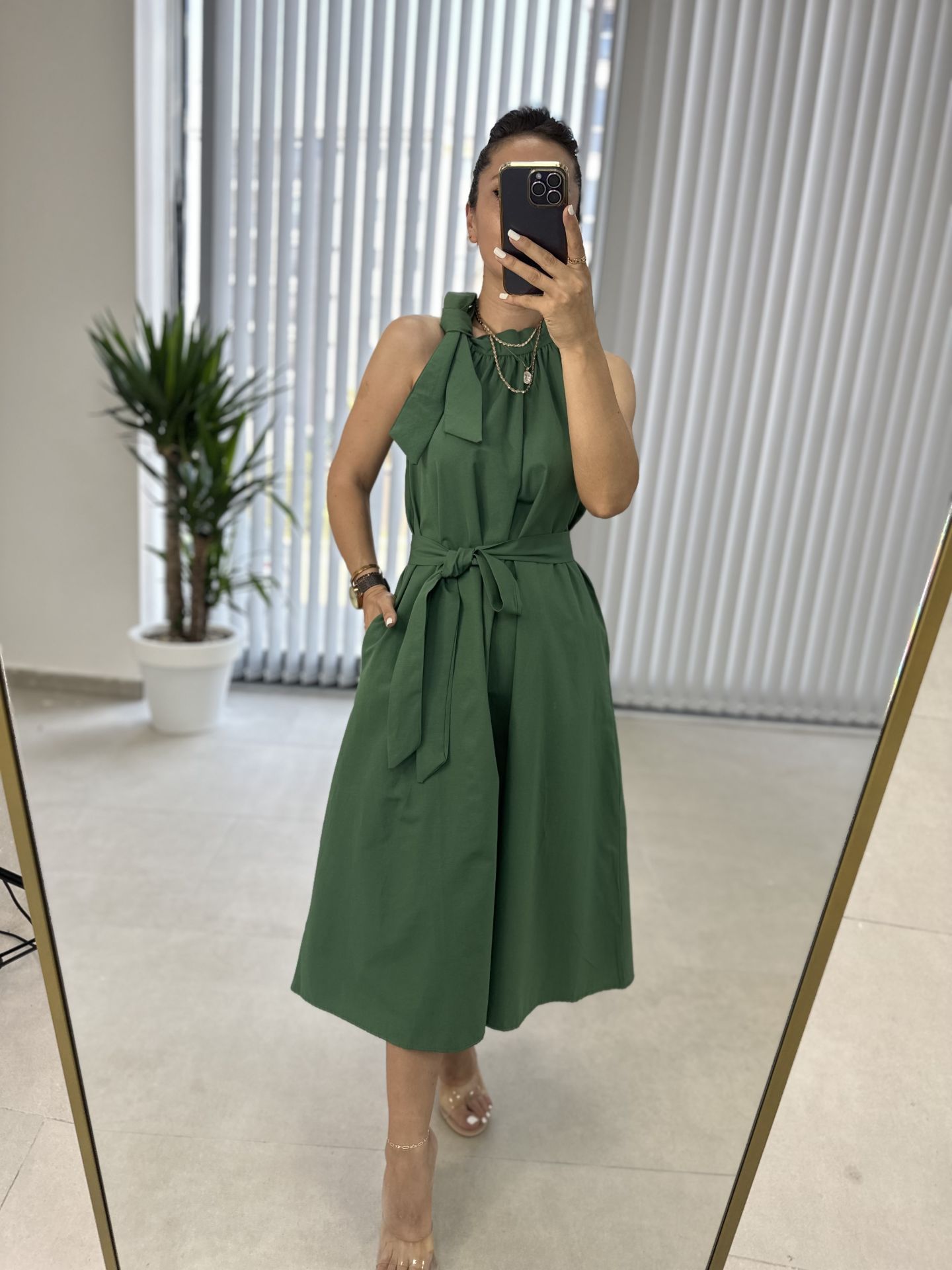 Halter Neck Green Tie Up Dress