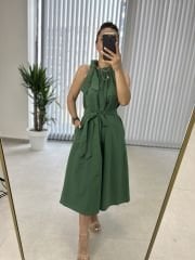 Halter Yaka Yeşil  Bağlamalı Elbise