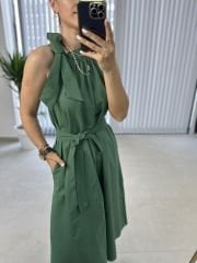 Halter Yaka Yeşil  Bağlamalı Elbise