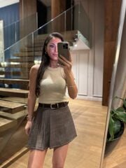 Rn 37210 Kendinden Kemerli Ekoseli Kahve Şort Etek