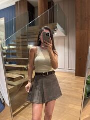 Rn 37210 Kendinden Kemerli Ekoseli Kahve Şort Etek