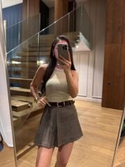 Rn 37210 Kendinden Kemerli Ekoseli Kahve Şort Etek