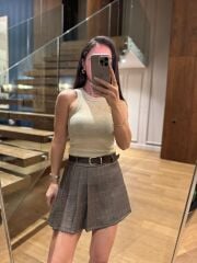 Rn 37210 Kendinden Kemerli Ekoseli Kahve Şort Etek