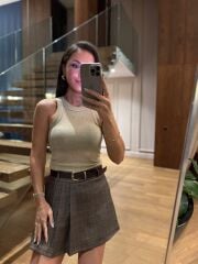 Rn 37210 Kendinden Kemerli Ekoseli Kahve Şort Etek