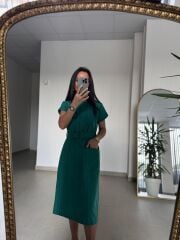 Art 4026 Düğme Detaylı Midi Zümrüt Elbise