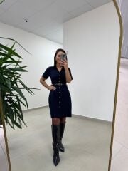 Mc 5083 Laci Düğme Detaylı Kemerli Elbise