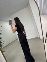 Fp 51267 Kendinden Kemerli Saten Siyah Palazzo Pantolon