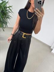 Fp 51267 Kendinden Kemerli Saten Siyah Palazzo Pantolon