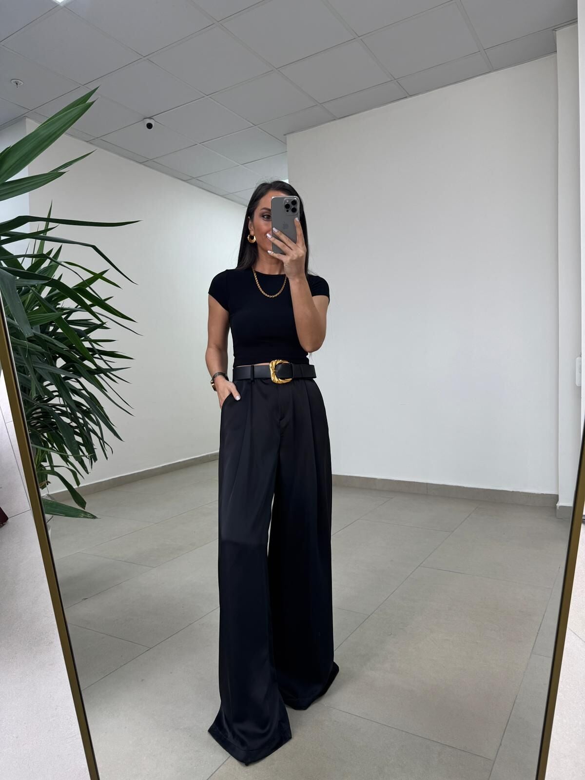 Fp 51267 Kendinden Kemerli Saten Siyah Palazzo Pantolon