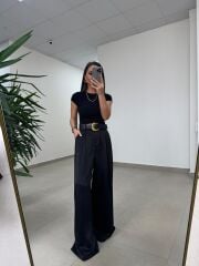 Fp 51267 Kendinden Kemerli Saten Siyah Palazzo Pantolon