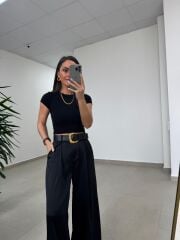 Fp 51267 Kendinden Kemerli Saten Siyah Palazzo Pantolon