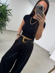 Fp 51267 Kendinden Kemerli Saten Siyah Palazzo Pantolon