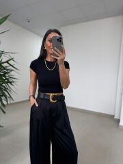 Fp 51267 Kendinden Kemerli Saten Siyah Palazzo Pantolon