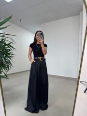 Fp 51267 Kendinden Kemerli Saten Siyah Palazzo Pantolon