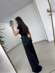 Fp 51267 Kendinden Kemerli Saten Siyah Palazzo Pantolon