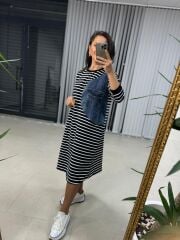 Dr 2482 Siyah Çizgili Denimli sweat elbise