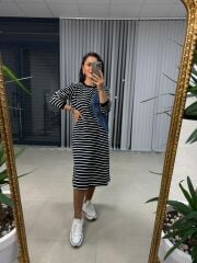 Dr 2482 Siyah Çizgili Denimli sweat elbise