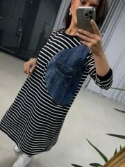 Dr 2482 Siyah Çizgili Denimli sweat elbise