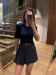 Rn 37210 Kendinden Kemerli Ekoseli Laci Şort Etek