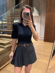 Rn 37210 Kendinden Kemerli Ekoseli Laci Şort Etek