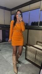My 3049 Kare Yaka Kemerli Turuncu Elbise