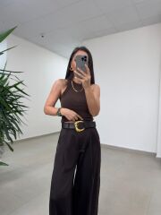 Fp 51267 Kendinden Kemerli Saten Kahve Palazzo Pantolon