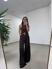 Fp 51267 Kendinden Kemerli Saten Kahve Palazzo Pantolon