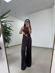 Fp 51267 Kendinden Kemerli Saten Kahve Palazzo Pantolon