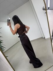 Fp 51267 Kendinden Kemerli Saten Kahve Palazzo Pantolon