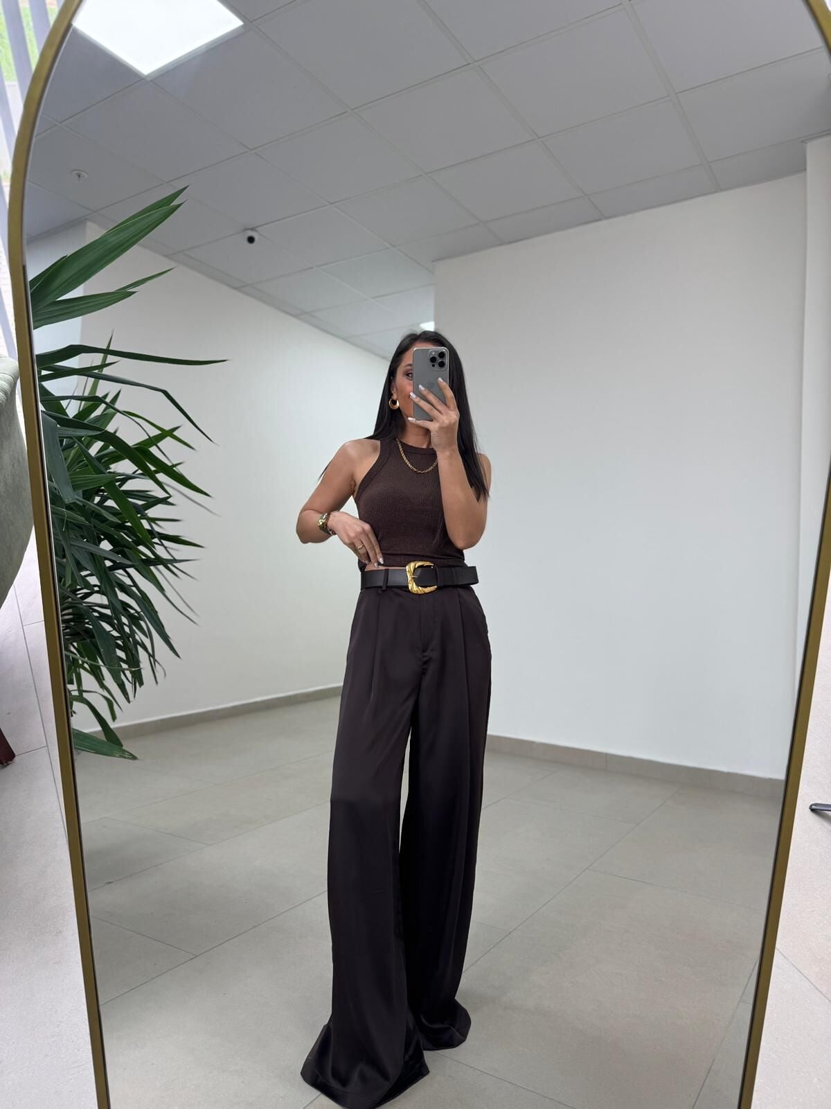 Fp 51267 Kendinden Kemerli Saten Kahve Palazzo Pantolon