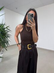 Fp 51267 Kendinden Kemerli Saten Kahve Palazzo Pantolon