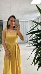 My 3872 Kare Yaka Hardal Nakışlı Elbise
