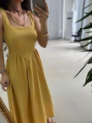 My 3872 Kare Yaka Hardal Nakışlı Elbise