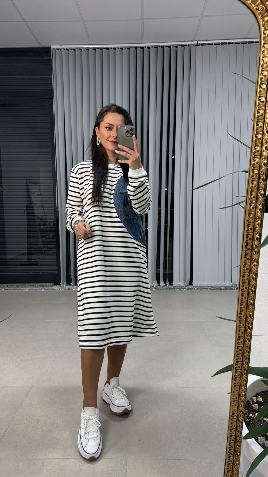 Dr 2482 Beyaz Çizgili Denimli Sweat Elbise